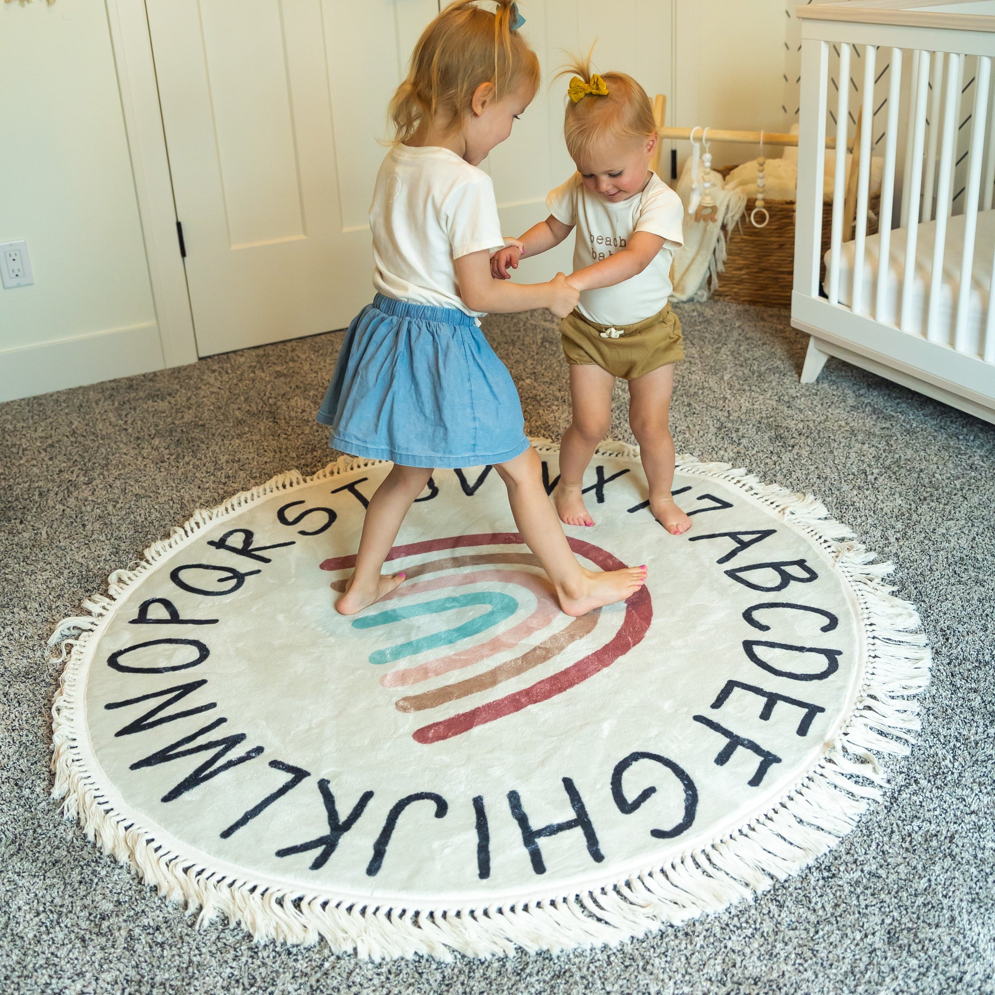 Round ABC Rug for Kids Room Boy & Girl w/ Handmade Tassels - 47 inch