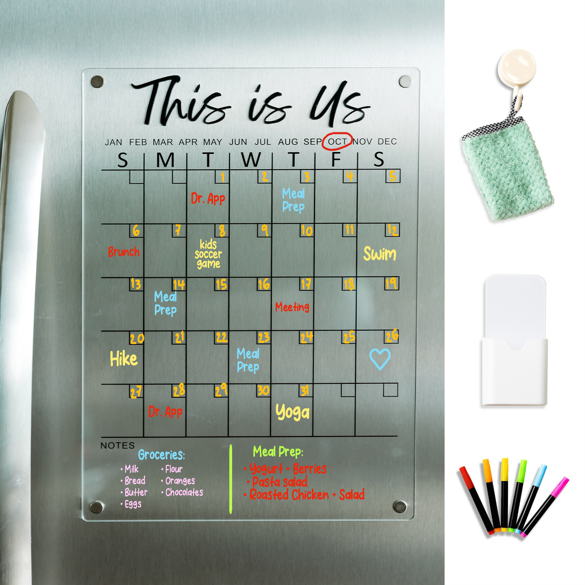 Magnetic Acrylic Calendar for Fridge 16x12 with 6 Markers Colors, Pen Holder, Towel - Black Lettering This is Us